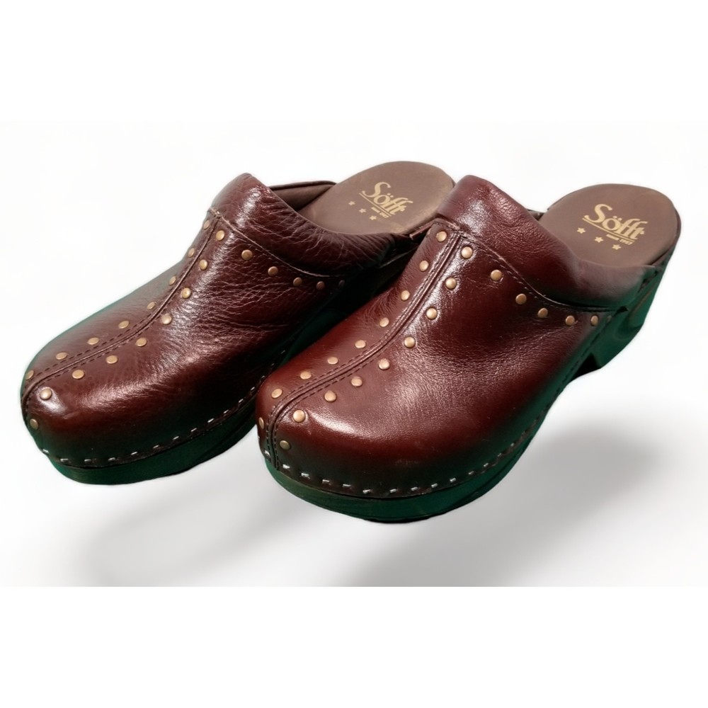 Sofft Brand Brown Leather Clogs Brass Studs Slip Resistant Soles Women's Size 9 - Picture 3 of 15